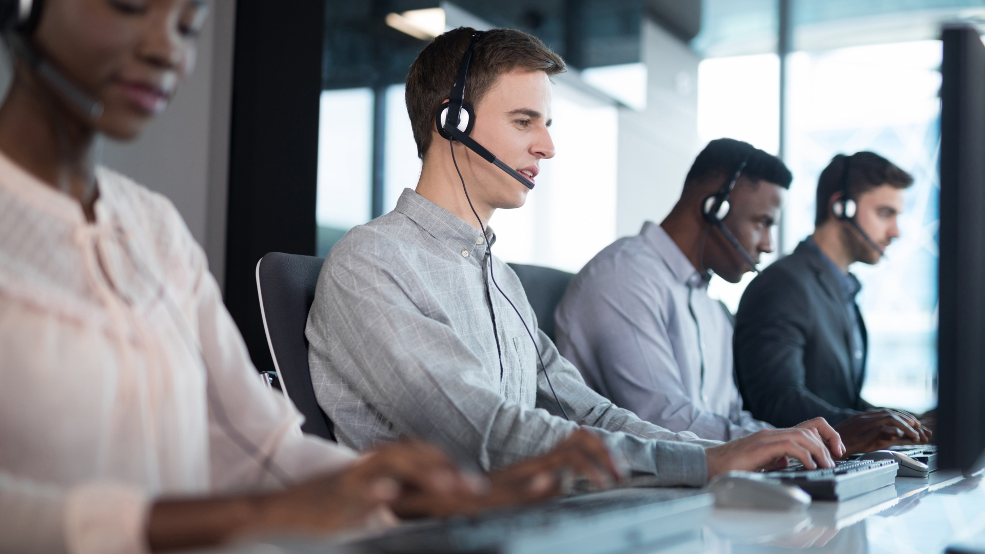 call center employees working