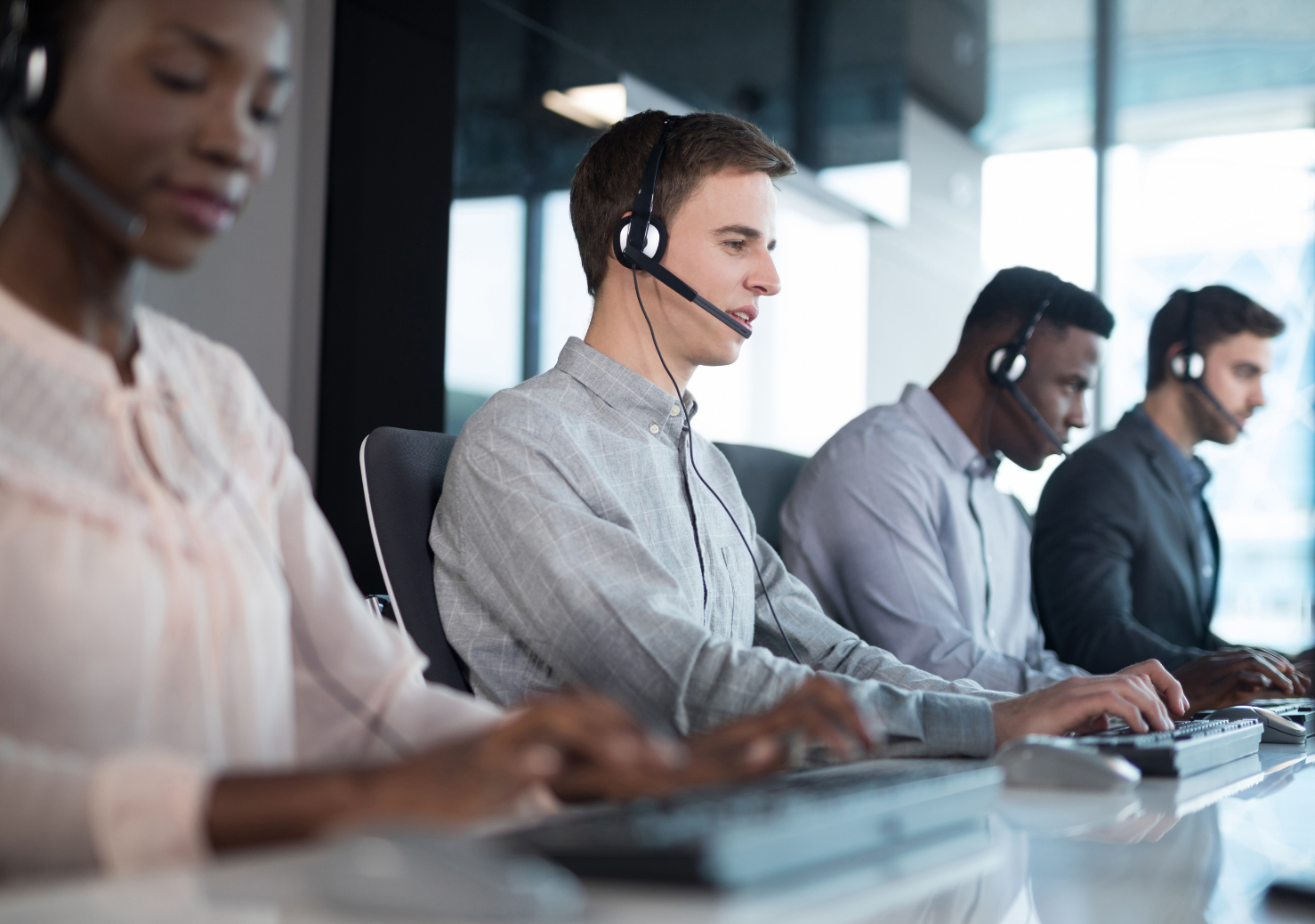 call center employees working